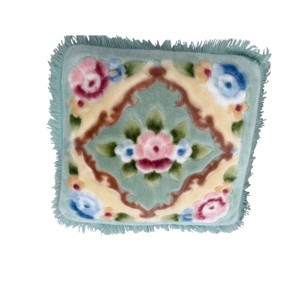 Vtg plush Floral Accent Pillow Fringe Texture Zipper 15x 15 Grannycore cottage - Picture 1 of 10